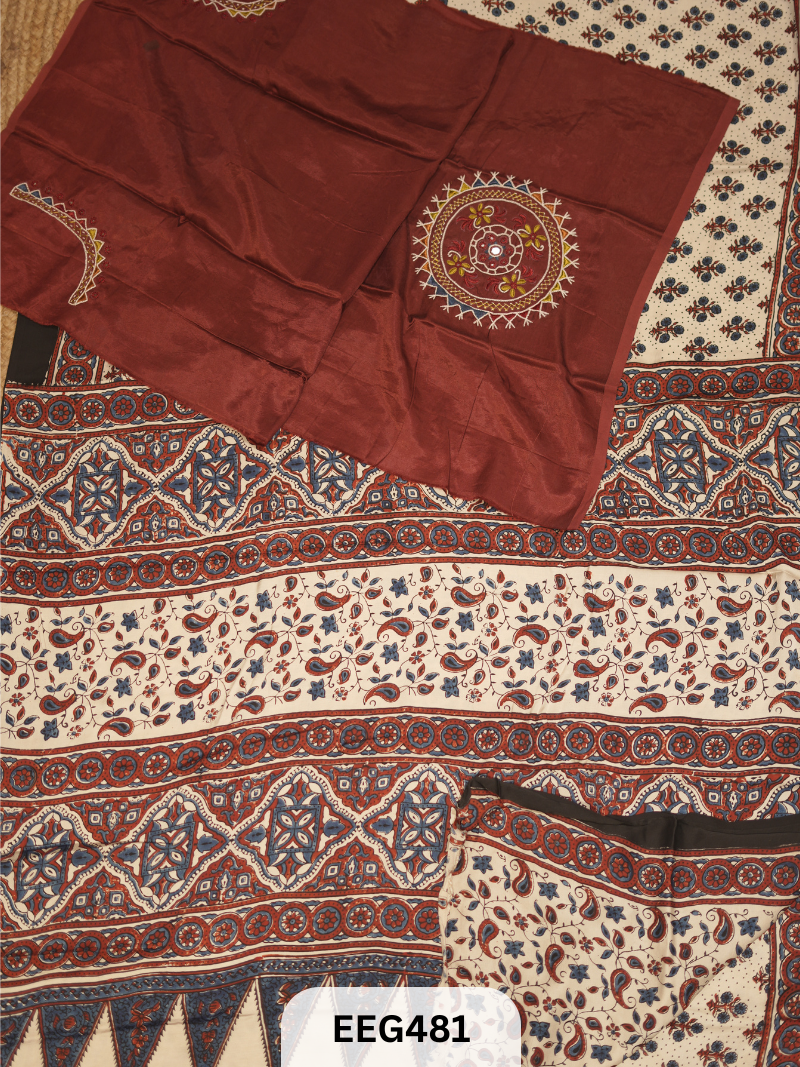 AJRAKH MODAL SAREE WITH KUTCHI HANDWORK BLOUSE PIECE EXTRA