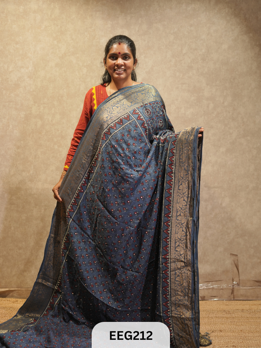 AJRAKH DOLA SILK SAREE WITH MIRROR WORK - IMMEDIATE DISPATCH