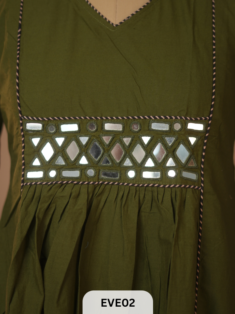 PLAIN COTTON KURTI WITH MIRROR WORK AND AJRAKH PRINT