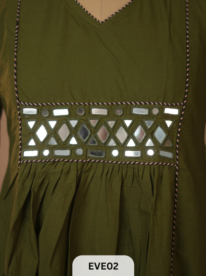 PLAIN COTTON KURTI WITH MIRROR WORK AND AJRAKH PRINT