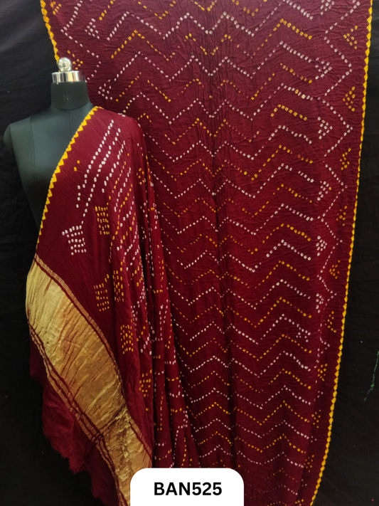 Semi gaji silk tissue pallu zig zag design bandhej saree