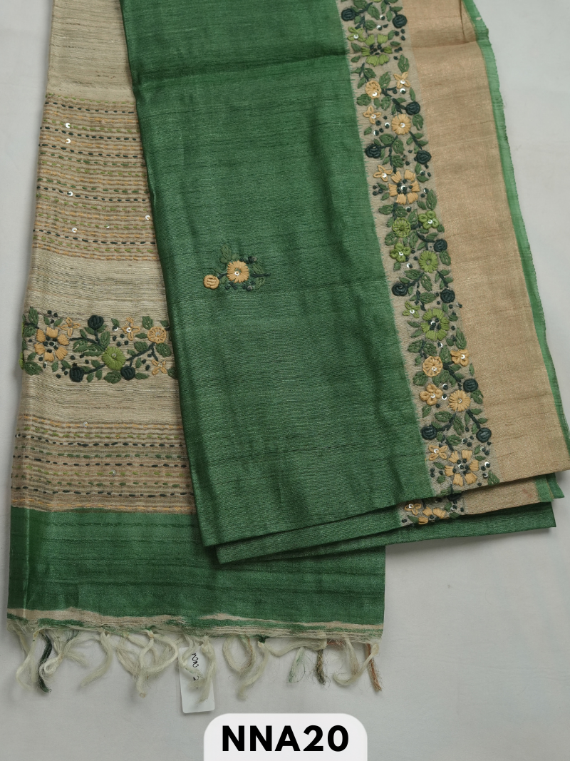 Pure tussar silk with buillon hand embroidery saree