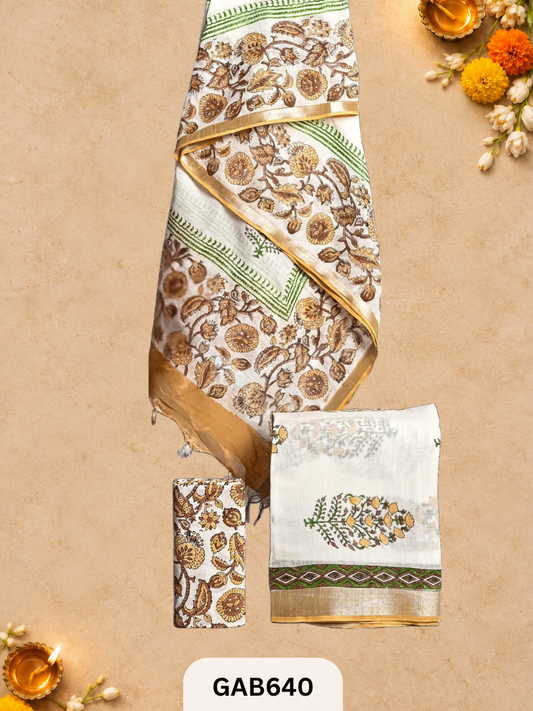 Bagru Hand Block Printed Linen Suits With Zari Border