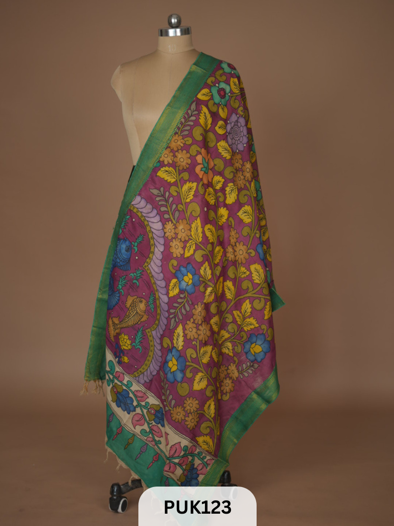 PURE PENKALAMKARI DUPPATTA - CHENNURI SILK