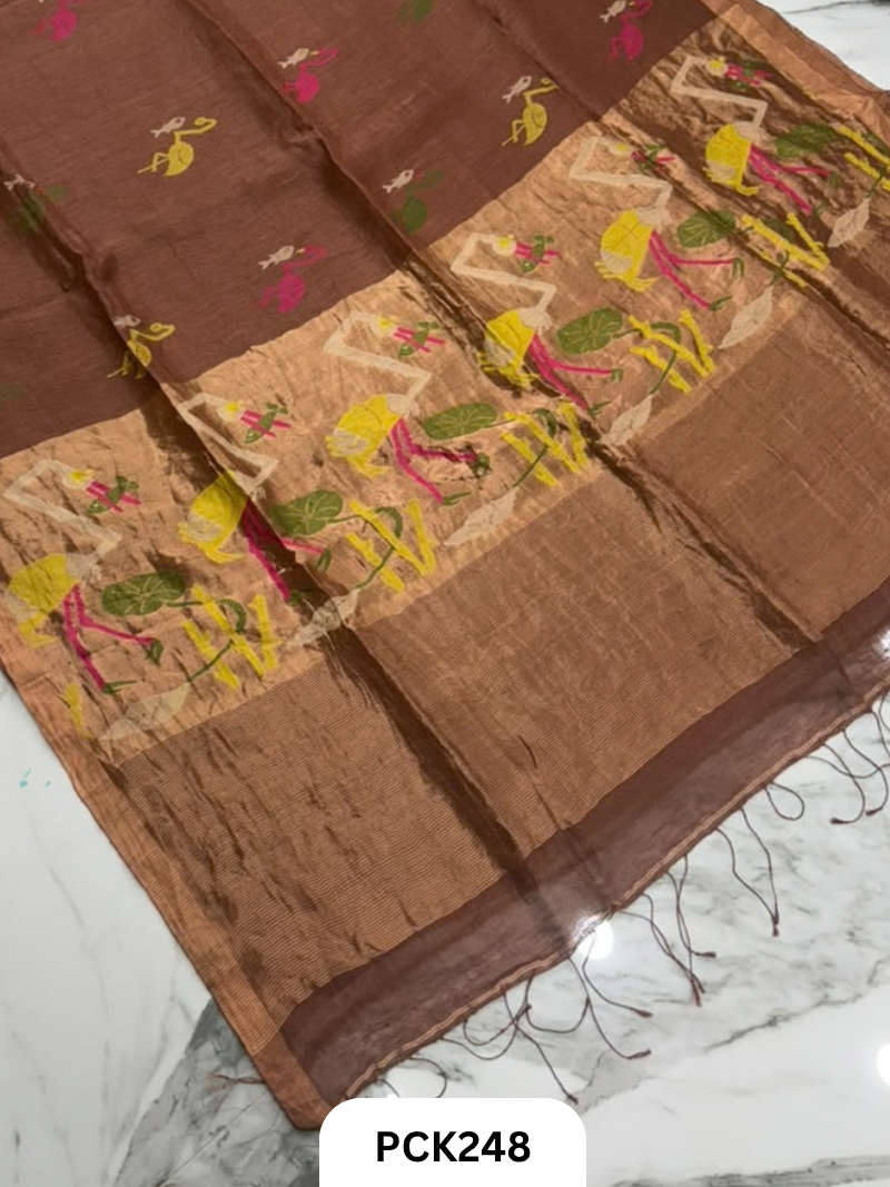 Handloom Pure Linen Silk Saree With Jamdhani Weave | Tissue Pallu