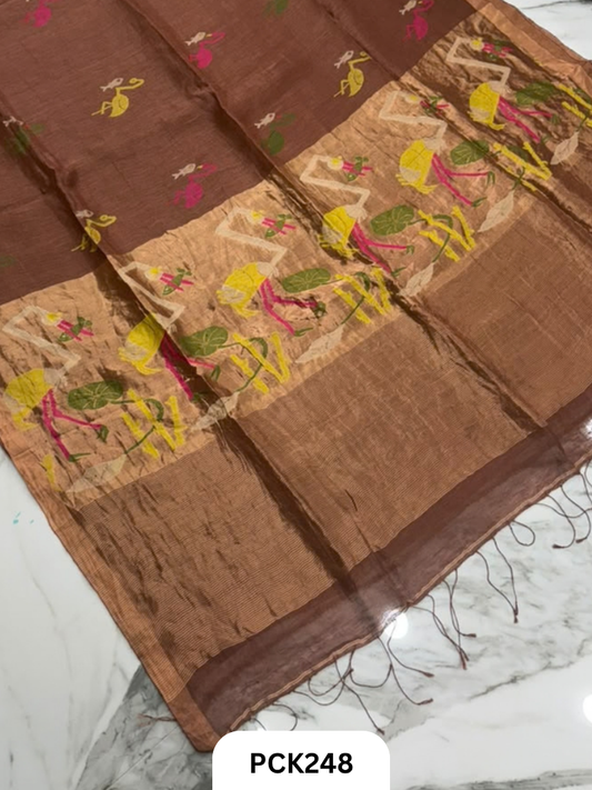 Handloom Pure Linen Silk Saree With Jamdhani Weave | Tissue Pallu