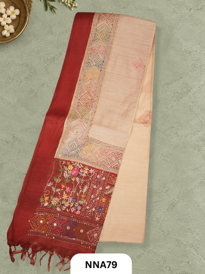Handloom Pure Tussar Silk - Maheshwari Border and Bullion With Kantha Stitch Saree
