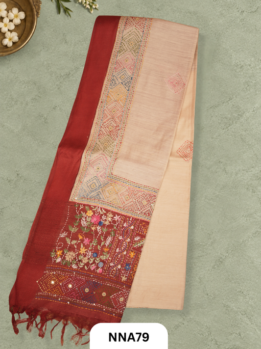 Handloom Pure Tussar Silk - Maheshwari Border and Bullion With Kantha Stitch Saree