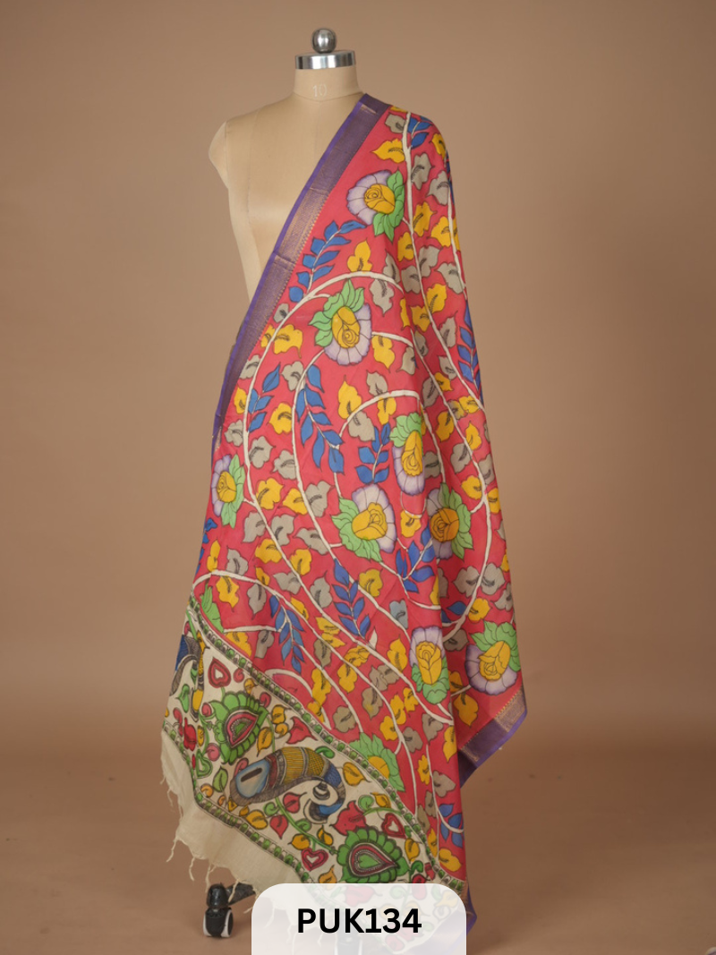 PURE PENKALAMKARI DUPPATTA - CHENNURI SILK