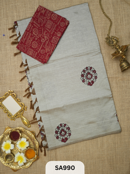 SILK COTTON EMBROIDERY HANDBLOCK SAREE