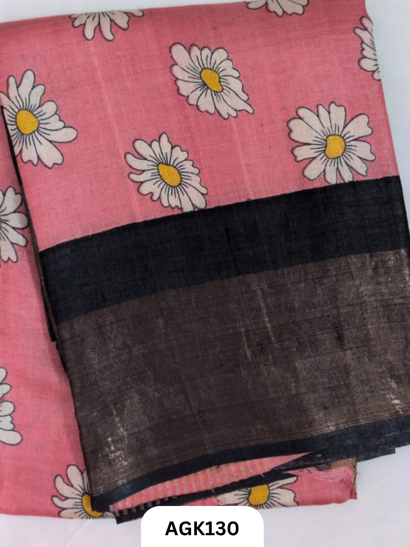 PREMIUM QUALITY  ZARI BORDER TUSSAR HAND BLOCK PRINTING WORK  WITH BLOUSE PIECE  SILK MARK CERTIFIED