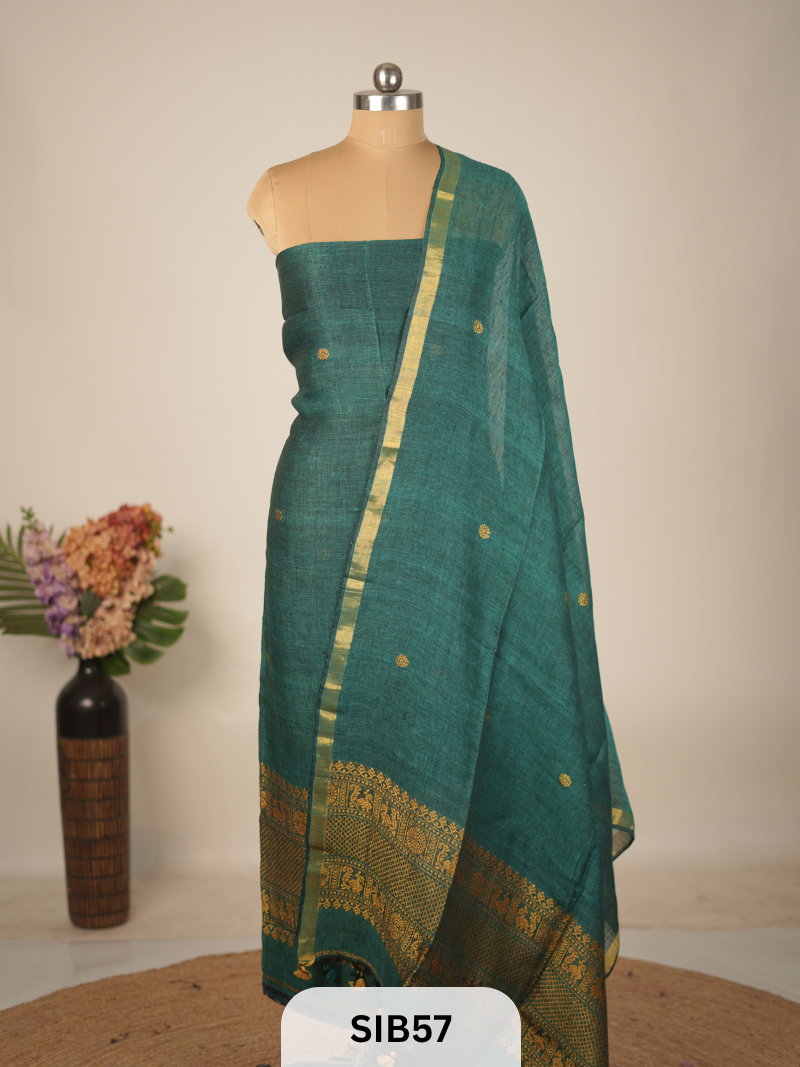 FUSION PURE LINEN INTO KANCHIPURAM SALWAR SUIT - HANDLOOM
