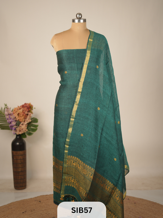 FUSION PURE LINEN INTO KANCHIPURAM SALWAR SUIT - HANDLOOM