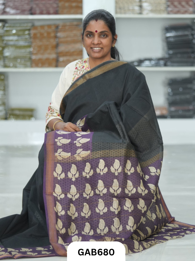 Hand Block Printed Maheshwari Silk Saree