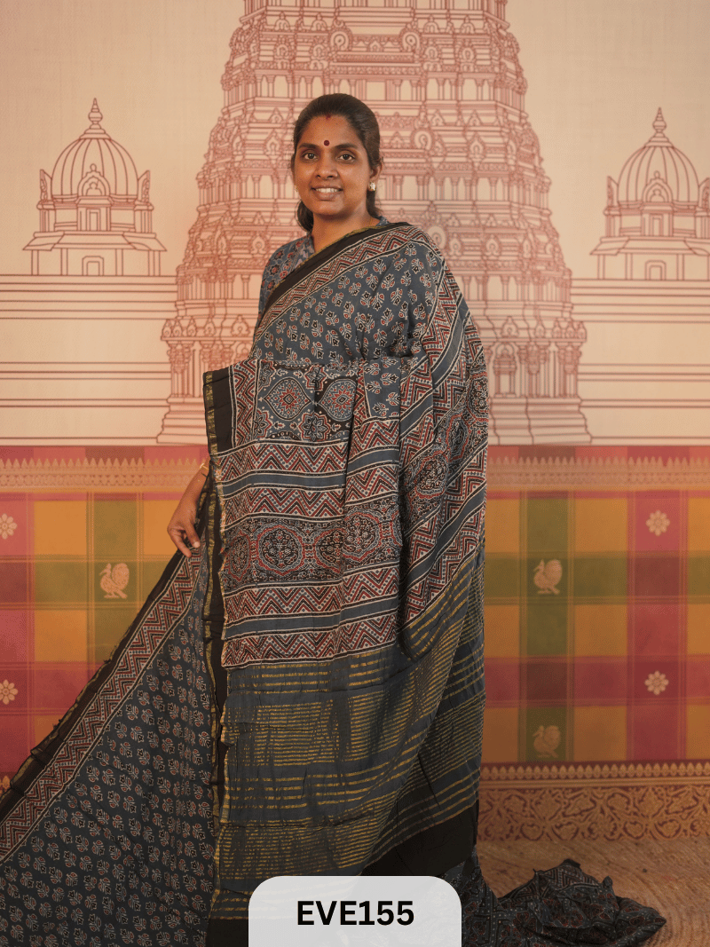 PURE CHANDERI SILK AJRAKH HANDBLOCK SAREE