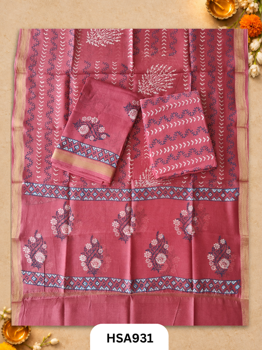 HandBlock Printed Maheshwari Silk Zari Border Top & dupttas 2.5 Mtrs | Bottom cotton 2.50 mtrs