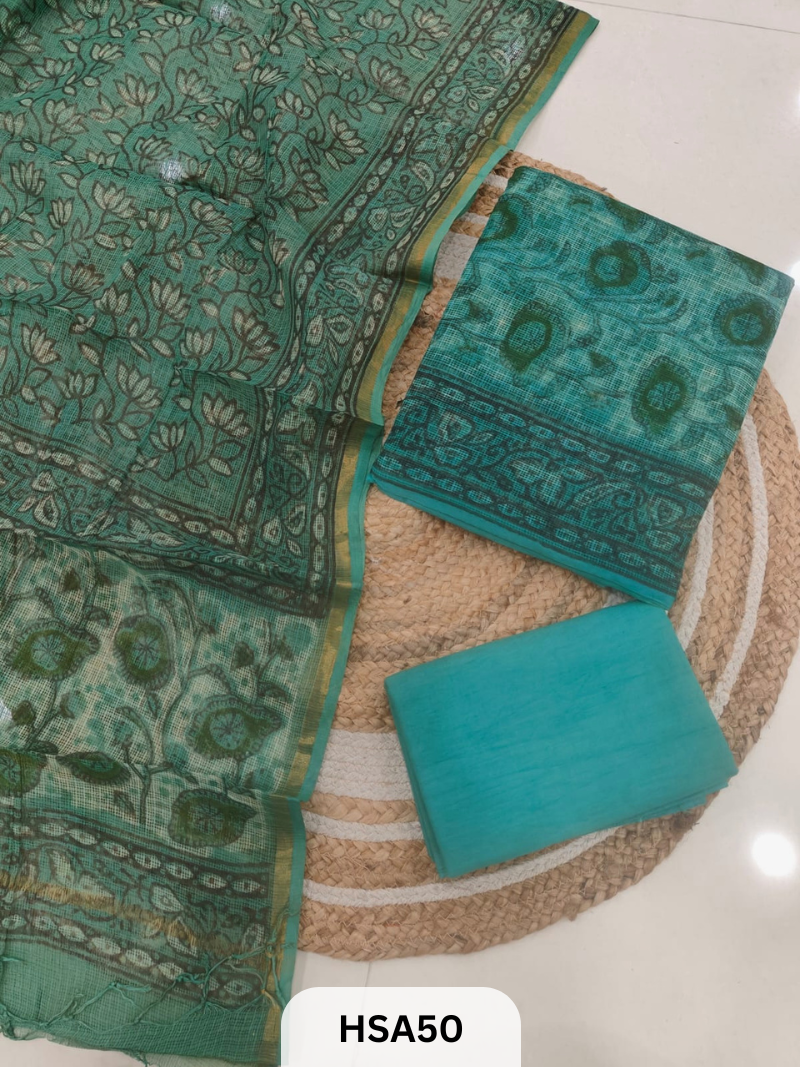 HAND BLOCK PRINTED KOTA DORIA SUIT WITH KOTA DORIA DUPATTA COTTON BOTTOM