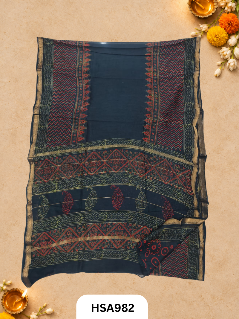 Pure Maheswari Silk Cotton - Handblock Print Saree With Blouse