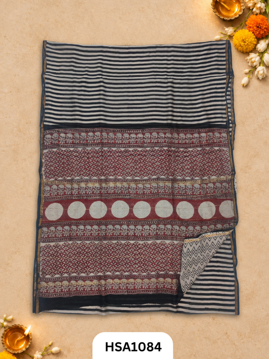 Pure Hand Block Printed Chanderi Silk Saree With Printed Blouse