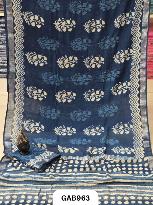 Bagru Handblock Print Linen Saree With Attached Blouse