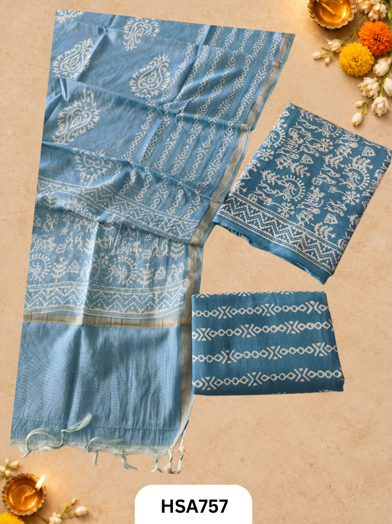 HandBlock Printed Chanderi Silk Dupatta With Cotton Suits -Top 2.5M Duptta 2.5M