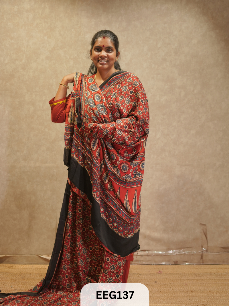 AJRAKH MODAL SAREE WITH KHATLI HANDWORK