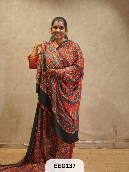 AJRAKH MODAL SAREE WITH KHATLI HANDWORK