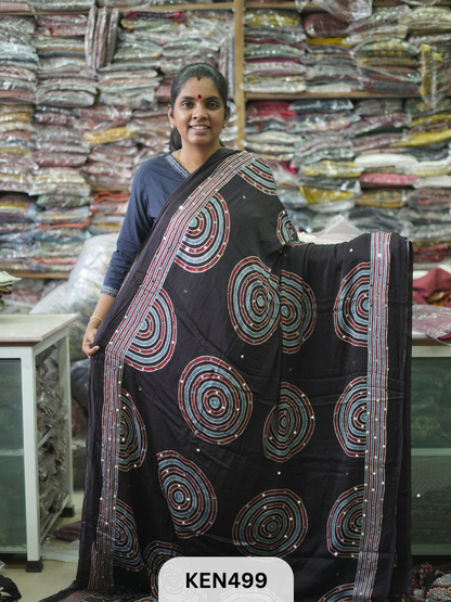 MODAL NATURAL AJRAKH HANDBLOCK SAREE WITH GLUE MIRROR