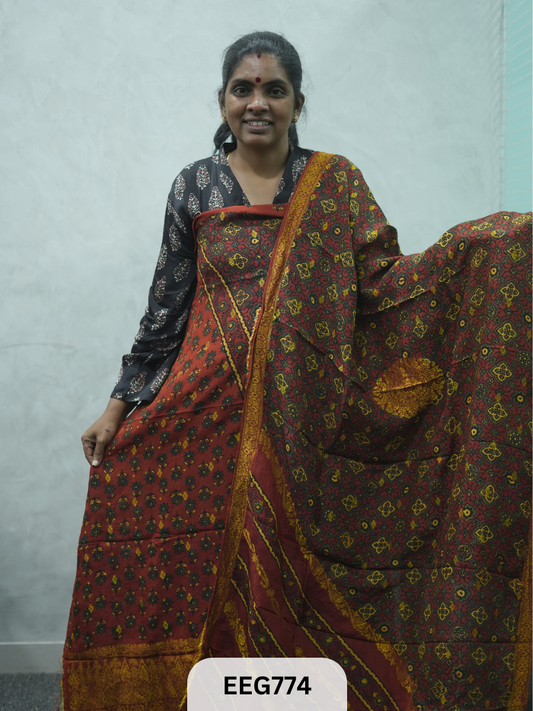 AJRAKH DOLA SILK 2 PCS-UNSTITCHED ( TOP 3.5MTR AND DUPPATA 2.25MTR )