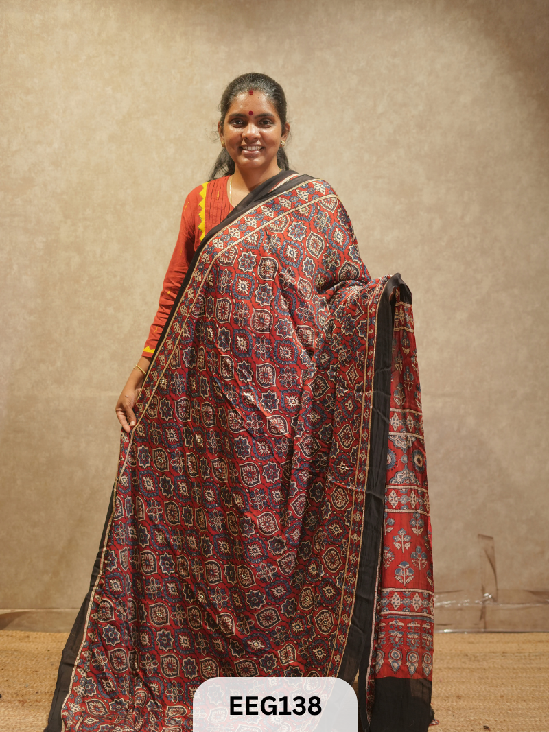 AJRAKH MODAL SAREE WITH KHATLI HANDWORK