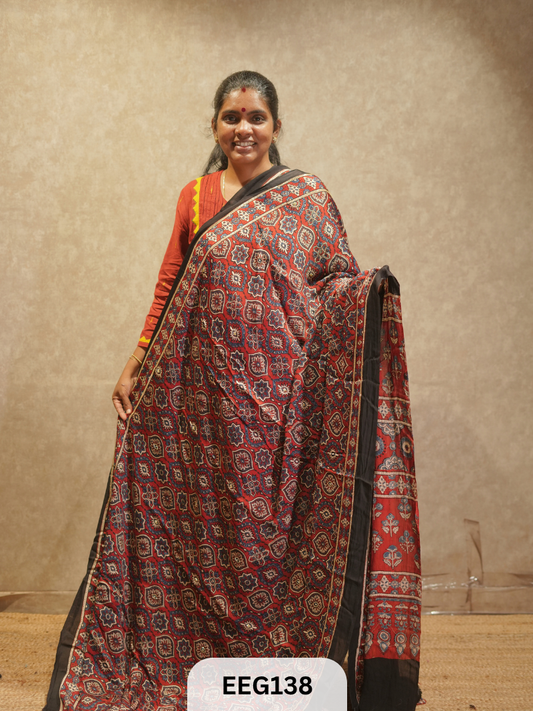 AJRAKH MODAL SAREE WITH KHATLI HANDWORK