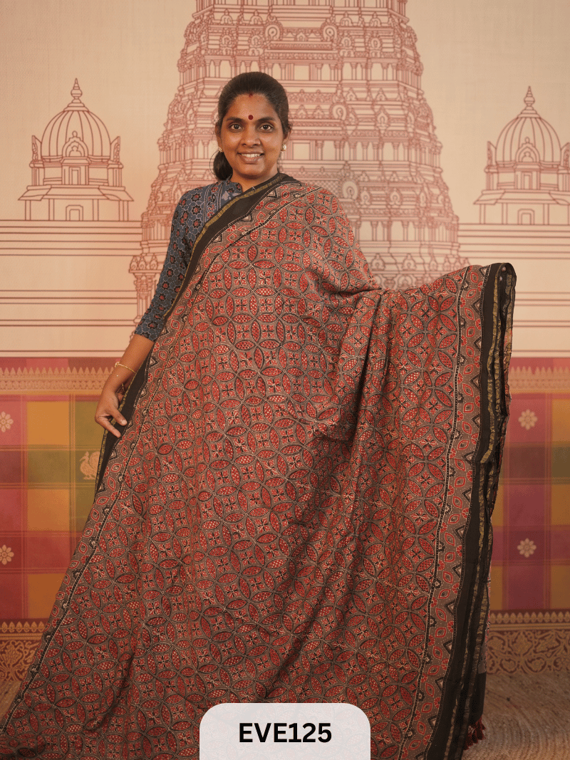 PURE CHANDERI SILK AJRAKH HANDBLOCK SAREE