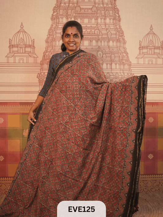 PURE CHANDERI SILK AJRAKH HANDBLOCK SAREE
