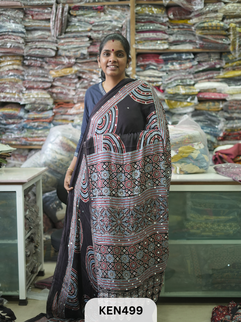 MODAL NATURAL AJRAKH HANDBLOCK SAREE WITH GLUE MIRROR