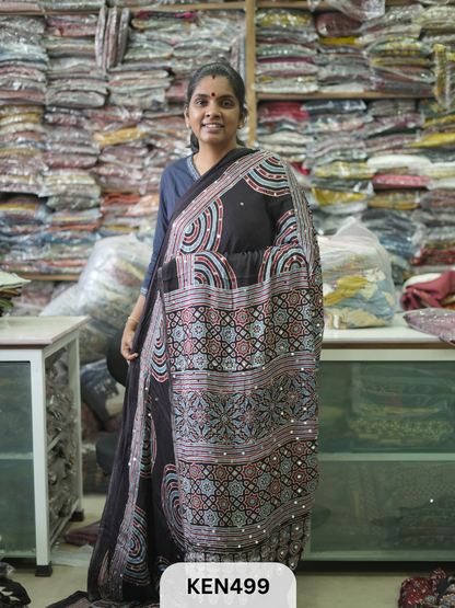 MODAL NATURAL AJRAKH HANDBLOCK SAREE WITH GLUE MIRROR