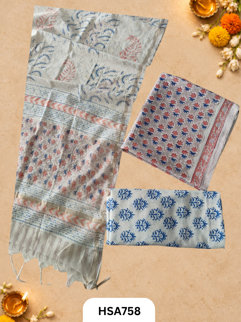 HandBlock Printed Chanderi Silk Dupatta With Cotton Suits -Top 2.5M Duptta 2.5M