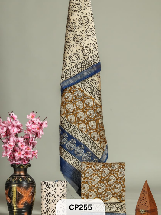 Hand Block printed Maheshwari silk Suit