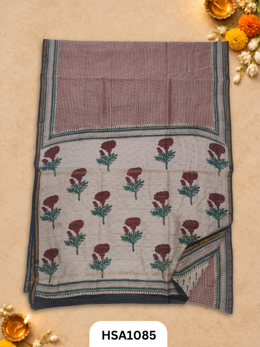 Pure Hand Block Printed Chanderi Silk Saree With Printed Blouse