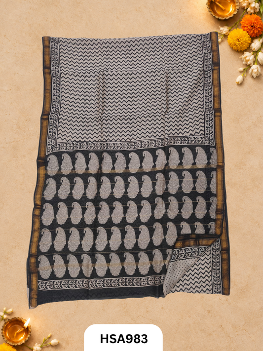 Pure Maheswari Silk Cotton - Handblock Print Saree With Blouse