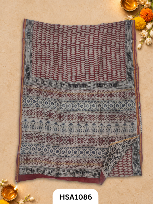 Pure Hand Block Printed Chanderi Silk Saree With Printed Blouse
