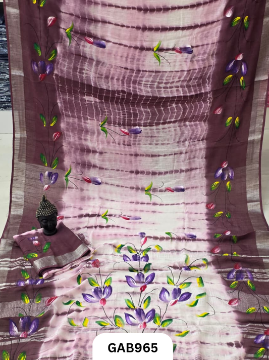 Bagru Handblock Print Linen Saree With Attached Blouse