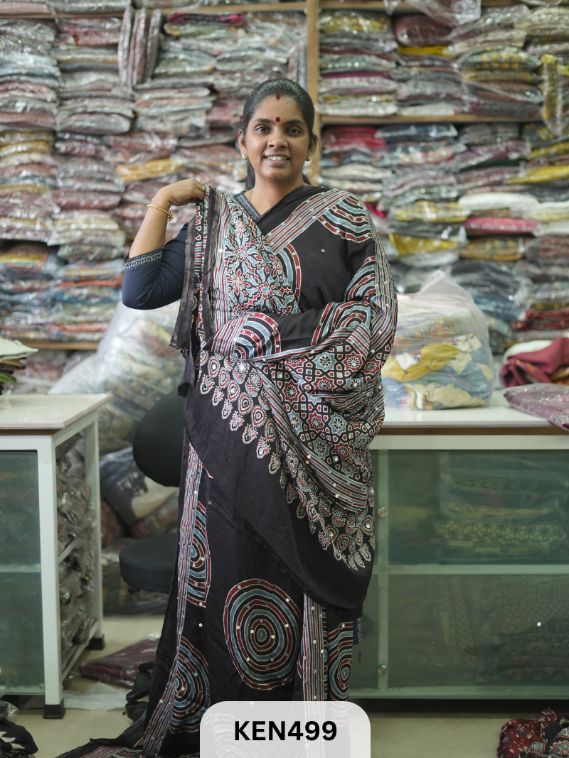 MODAL NATURAL AJRAKH HANDBLOCK SAREE WITH GLUE MIRROR
