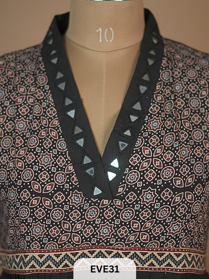 AJARKH COTTON ANARKALI MIRROR WORK KURTI