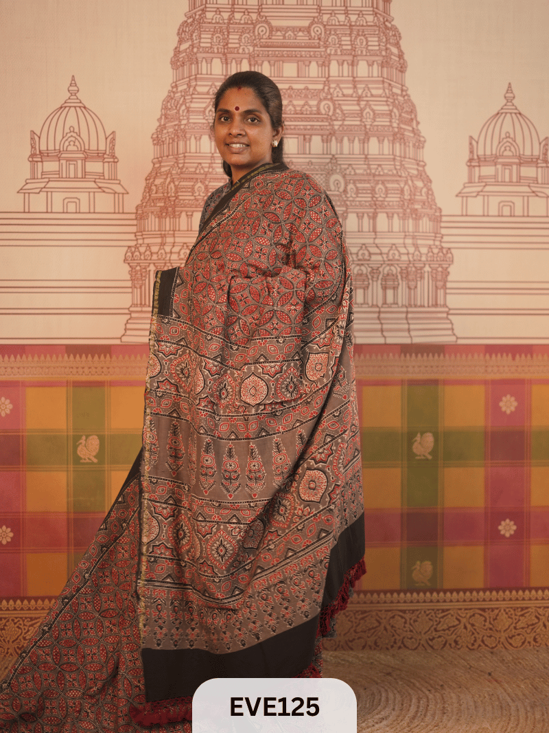 PURE CHANDERI SILK AJRAKH HANDBLOCK SAREE