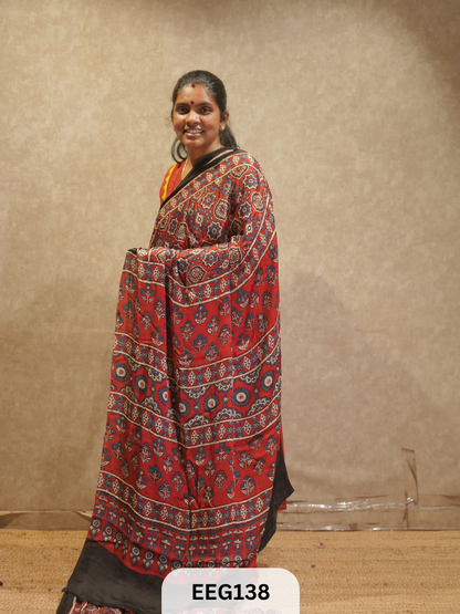 AJRAKH MODAL SAREE WITH KHATLI HANDWORK