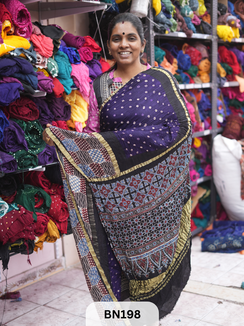 AJRAKH BANDHEJ WITH SKIRT BORDER SAREES | MODAL GAJI FABRIC