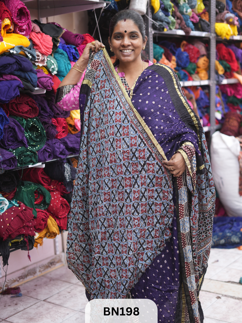 AJRAKH BANDHEJ WITH SKIRT BORDER SAREES | MODAL GAJI FABRIC