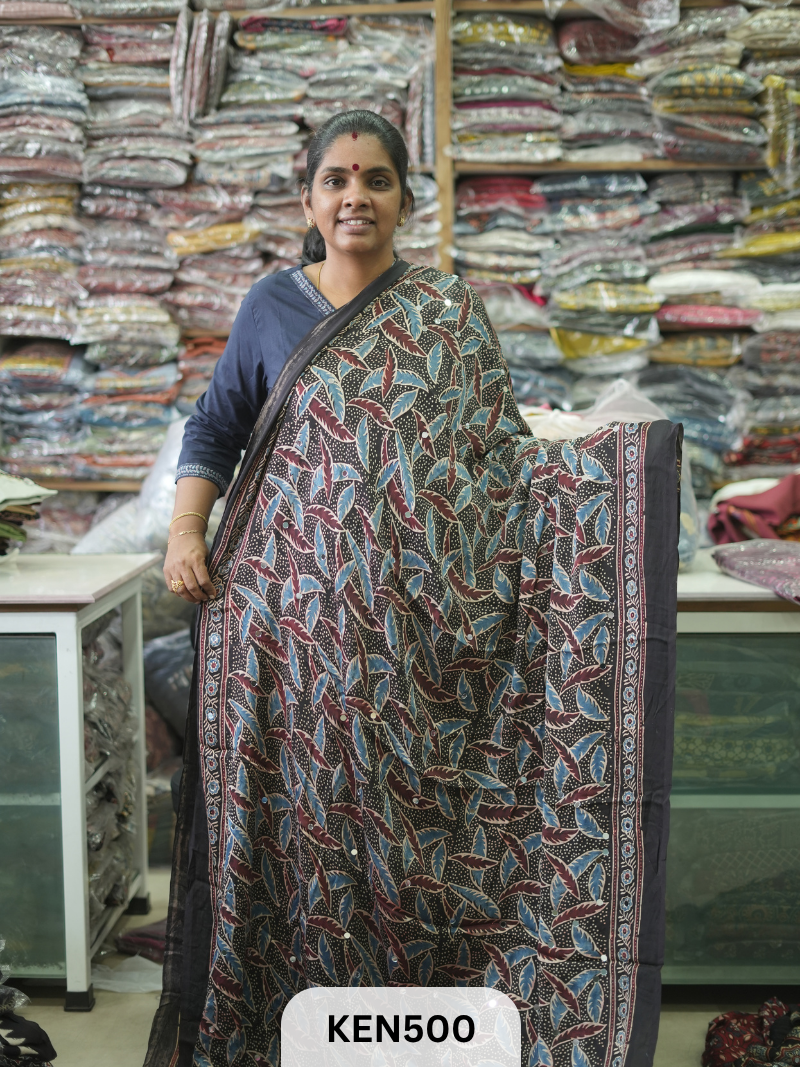 MODAL NATURAL AJRAKH HANDBLOCK SAREE WITH GLUE MIRROR