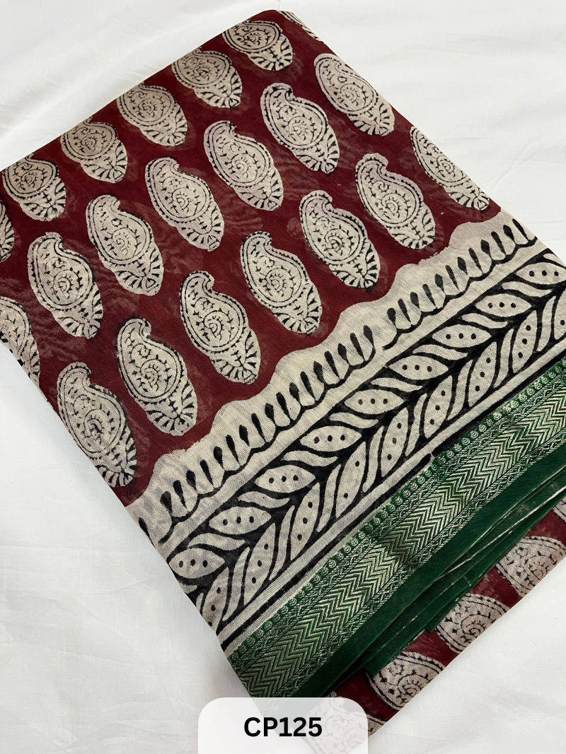 Maheshwari Silk Zari Border with Jaipur Handblock Print Saree