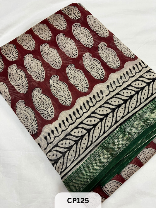 Maheshwari Silk Zari Border with Jaipur Handblock Print Saree
